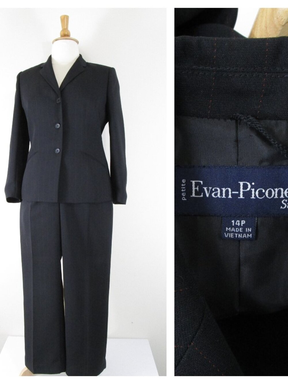 Evan Picone Plus Petite Black Red Stripe Pant Suit 14P Formal Business Career